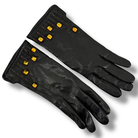 Leather Embellished Driving Gloves Womens Size 7 Black Yellow - Picture 1 of 6